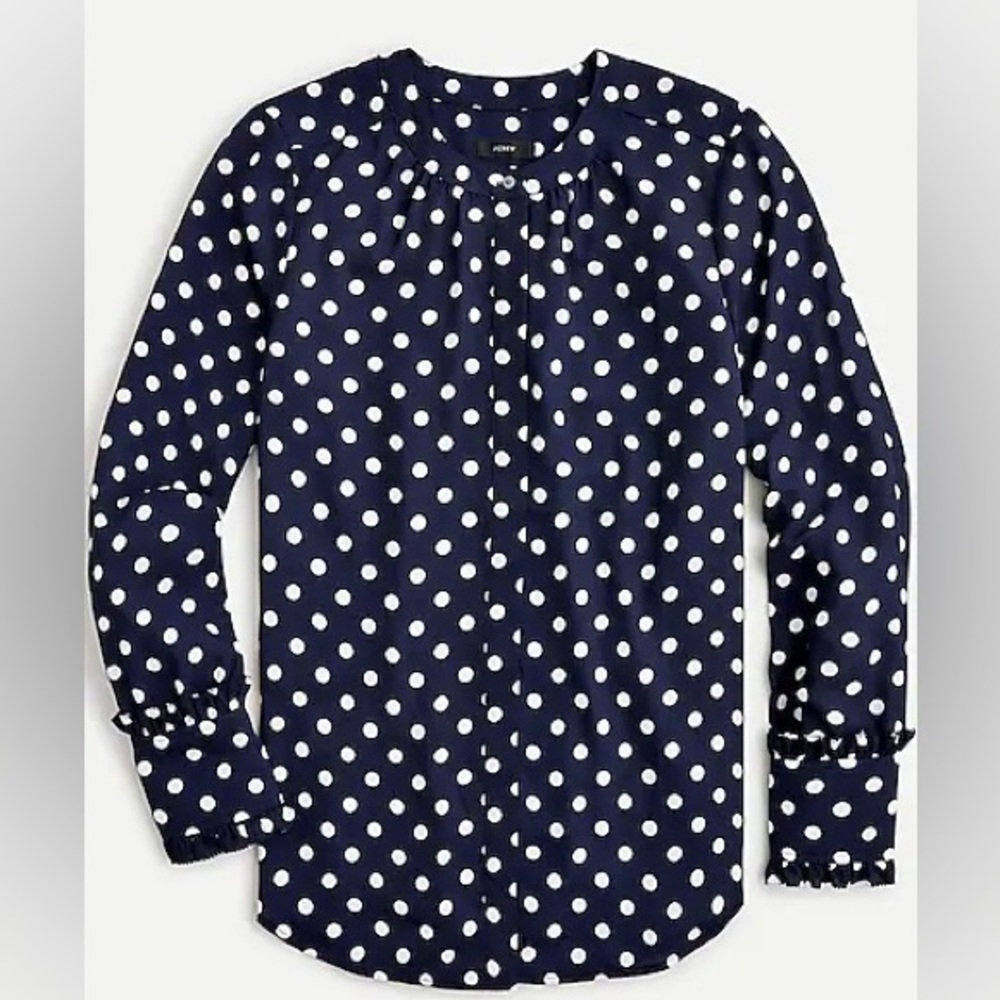 *Drapey band-collar shirt with ruffle cuffs in polka dot